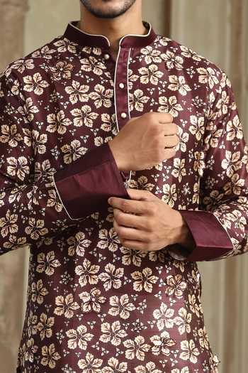 Kudrat Couture_Brown Silk Mitti E Gulzar Floral Print Kurta _at_Aza_Fashions