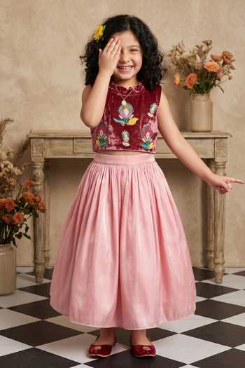 Byb Premium_Pink Silk, Chiffon Sequins, Embroidery Floral Top And Skirt Set _Online_at_Aza_Fashions