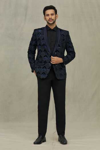 Buy_Arihant Rai Sinha_Blue Velvet Sequins, Embroidery Blazer 