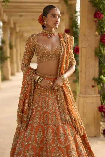 Seema Gujral Orange Silk, Organza Sweetheart Neck Zardozi Work Bridal Lehenga Set Online at Aza Fashions Seema Gujral_Orange Silk, Organza Sweetheart Neck Zardozi Work Bridal Lehenga Set _Online_at_Aza_Fashions