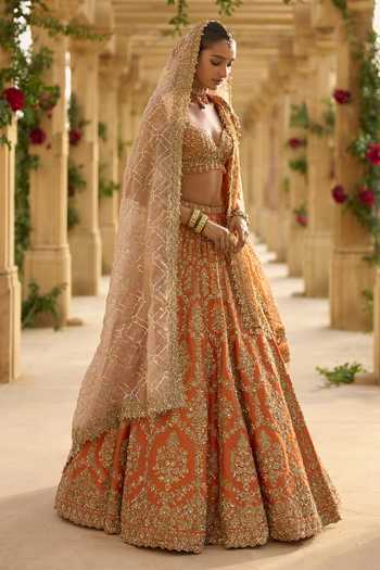 Buy Seema Gujral Orange Silk, Organza Sweetheart Neck Zardozi Work Bridal Lehenga Set Online at Aza Fashions Buy_Seema Gujral_Orange Silk, Organza Sweetheart Neck Zardozi Work Bridal Lehenga Set _Online_at_Aza_Fashions