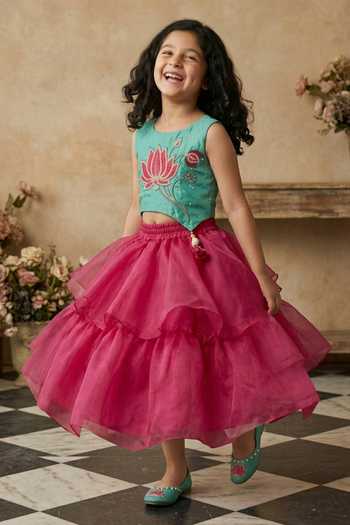 Shop Byb Premium Pink Organza, Bamboo Pearls, Lotus Floral Embroidered Top And Layered Skirt Set at Aza Fashions Shop_Byb Premium_Pink Organza, Bamboo Pearls, Lotus Floral Embroidered Top And Layered Skirt Set _at_Aza_Fashions