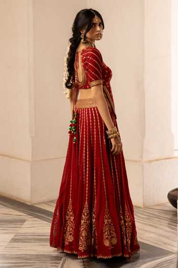 Buy Nimbu Mirchi Red Chanderi Scoop Neck Nargis Embroidered Lehenga Set Buy_Nimbu Mirchi_Red Chanderi Scoop Neck Nargis Embroidered Lehenga Set
