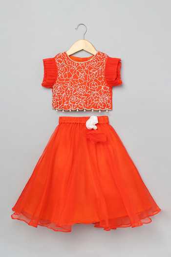 Byb Premium_Orange Organza, Crepe Embroidery Floral Pearl Choli With Lehenga _Online_at_Aza_Fashions