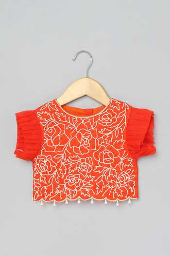 Buy_Byb Premium_Orange Organza, Crepe Embroidery Floral Pearl Choli With Lehenga _Online_at_Aza_Fashions