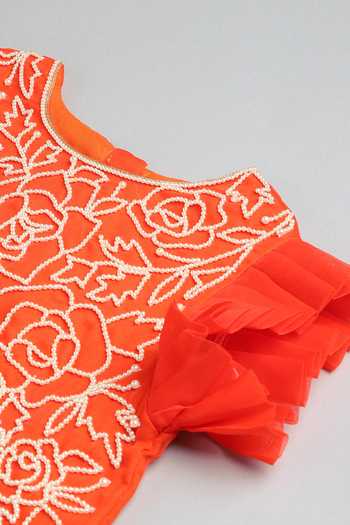 Shop_Byb Premium_Orange Organza, Crepe Embroidery Floral Pearl Choli With Lehenga 