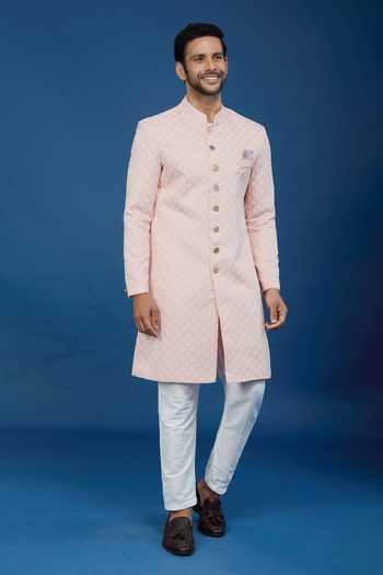 Arihant Rai Sinha_Pink Jacquard, Polyester, Viscose Embroidery, Sequins Leaf Pattern Sherwani Set _Online_at_Aza_Fashions