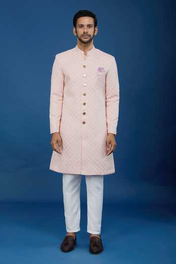 Buy_Arihant Rai Sinha_Pink Jacquard, Polyester, Viscose Embroidery, Sequins Leaf Pattern Sherwani Set _Online_at_Aza_Fashions
