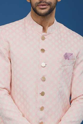 Shop_Arihant Rai Sinha_Pink Jacquard, Polyester, Viscose Embroidery, Sequins Leaf Pattern Sherwani Set _Online_at_Aza_Fashions