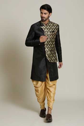 Shop Arihant Rai Sinha Black Silk, Jacquard, Pashmina Embroidery Lotus Placement Woven Sherwani Set Online at Aza Fashions Shop_Arihant Rai Sinha_Black Silk, Jacquard, Pashmina Embroidery Lotus Placement Woven Sherwani Set _Online_at_Aza_Fashions