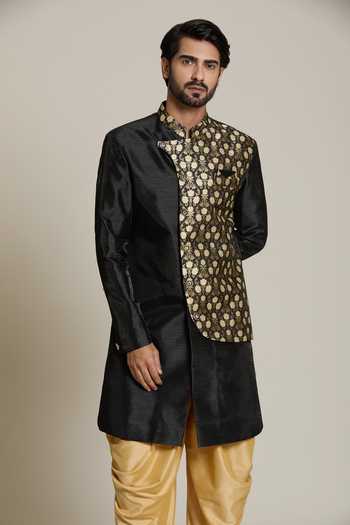 Arihant Rai Sinha Black Silk, Jacquard, Pashmina Embroidery Lotus Placement Woven Sherwani Set at Aza Fashions Arihant Rai Sinha_Black Silk, Jacquard, Pashmina Embroidery Lotus Placement Woven Sherwani Set _at_Aza_Fashions