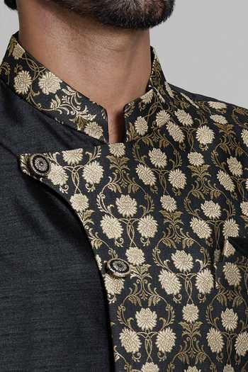 Buy Arihant Rai Sinha Black Silk, Jacquard, Pashmina Embroidery Lotus Placement Woven Sherwani Set Buy_Arihant Rai Sinha_Black Silk, Jacquard, Pashmina Embroidery Lotus Placement Woven Sherwani Set