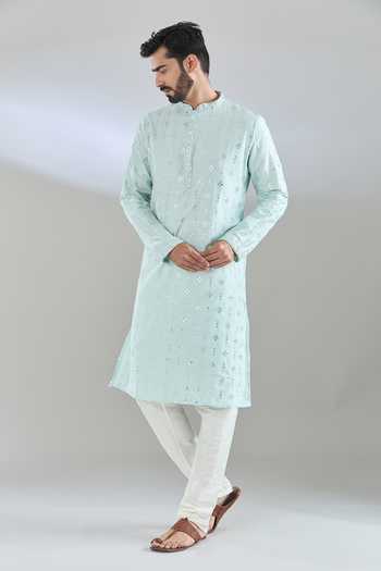 Shop Arihant Rai Sinha Blue Polyester Mirrors, Sequins Embroidered Kurta And Churidar Shop_Arihant Rai Sinha_Blue Polyester Mirrors, Sequins Embroidered Kurta And Churidar