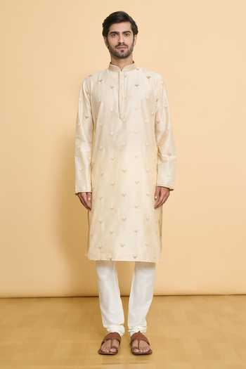 Shop_Arihant Rai Sinha_Beige Polyester, Cotton Lace Geometric Leaf Embroidered Kurta With Churidar _Online_at_Aza_Fashions