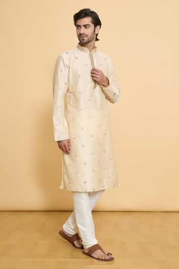 Arihant Rai Sinha_Beige Polyester, Cotton Lace Geometric Leaf Embroidered Kurta With Churidar _at_Aza_Fashions