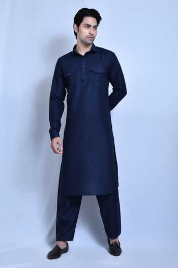 Arihant Rai Sinha_Blue Cotton, Linen Kurta And Pathani Pant Set _Online_at_Aza_Fashions