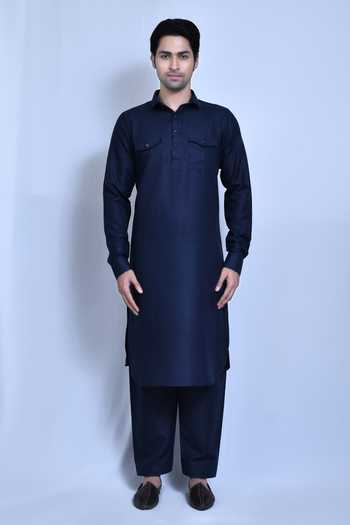 Shop_Arihant Rai Sinha_Blue Cotton, Linen Kurta And Pathani Pant Set _Online_at_Aza_Fashions
