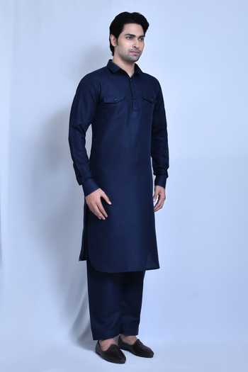 Buy_Arihant Rai Sinha_Blue Cotton, Linen Kurta And Pathani Pant Set 