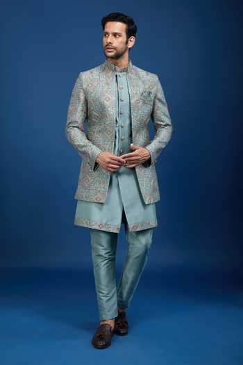 Arihant Rai Sinha_Blue Silk Embroidery, Zari Butti Sherwani Set _Online_at_Aza_Fashions