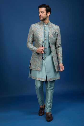 Shop_Arihant Rai Sinha_Blue Silk Embroidery, Zari Butti Sherwani Set _Online_at_Aza_Fashions