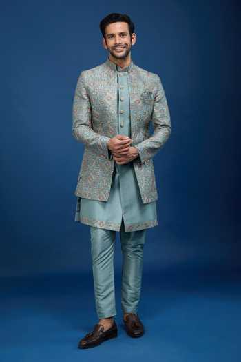 Arihant Rai Sinha_Blue Silk Embroidery, Zari Butti Sherwani Set _at_Aza_Fashions
