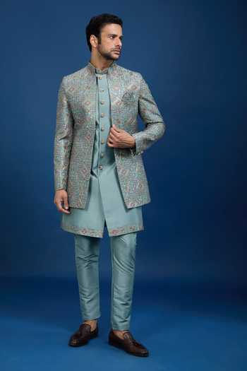 Buy_Arihant Rai Sinha_Blue Silk Embroidery, Zari Butti Sherwani Set 
