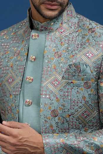 Shop_Arihant Rai Sinha_Blue Silk Embroidery, Zari Butti Sherwani Set 