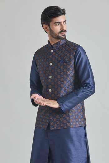 Arihant Rai Sinha Thread Embroidered Blue Bundi 