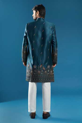 Shop Arihant Rai Sinha Blue Silk Embroidery Sherwani And Pant Set at Aza Fashions Shop_Arihant Rai Sinha_Blue Silk Embroidery Sherwani And Pant Set _at_Aza_Fashions