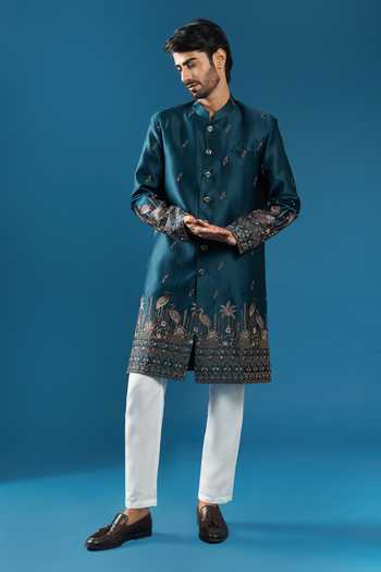 Arihant Rai Sinha Blue Silk Embroidery Sherwani And Pant Set Online at Aza Fashions Arihant Rai Sinha_Blue Silk Embroidery Sherwani And Pant Set _Online_at_Aza_Fashions
