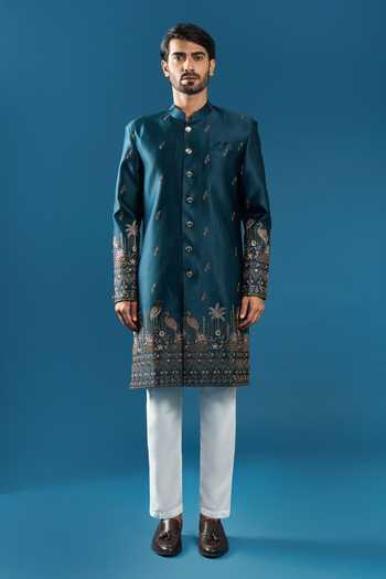 Shop Arihant Rai Sinha Blue Silk Embroidery Sherwani And Pant Set Online at Aza Fashions Shop_Arihant Rai Sinha_Blue Silk Embroidery Sherwani And Pant Set _Online_at_Aza_Fashions