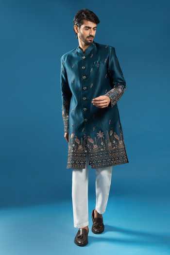 Arihant Rai Sinha Blue Silk Embroidery Sherwani And Pant Set at Aza Fashions Arihant Rai Sinha_Blue Silk Embroidery Sherwani And Pant Set _at_Aza_Fashions