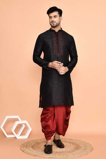 Shop_Arihant Rai Sinha_Black Silk Embroidery Kurta And Maroon Dhoti Pant Set 
