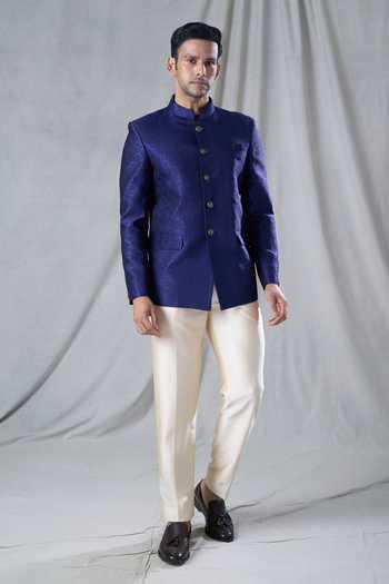 Shop Arihant Rai Sinha Blue Jacquard, Rayon Embroidery Bandhgala And Pant Set Shop_Arihant Rai Sinha_Blue Jacquard, Rayon Embroidery Bandhgala And Pant Set