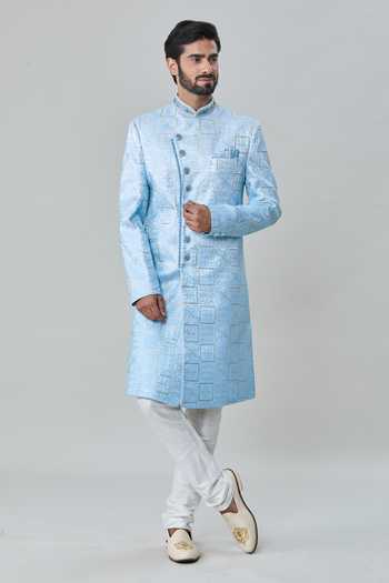 Buy Arihant Rai Sinha Blue Silk, Cotton Embroidery Floral Tile Sherwani With Churidar Buy_Arihant Rai Sinha_Blue Silk, Cotton Embroidery Floral Tile Sherwani With Churidar