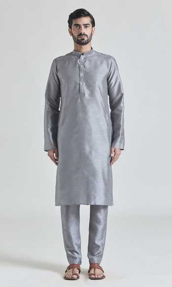 Buy_Arihant Rai Sinha_Gray Brocade, Silk Embroidery Floral Jaal Bundi Kurta Set _Online_at_Aza_Fashions