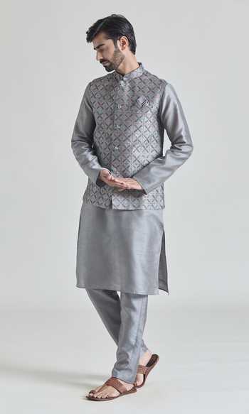 Shop_Arihant Rai Sinha_Gray Brocade, Silk Embroidery Floral Jaal Bundi Kurta Set _Online_at_Aza_Fashions