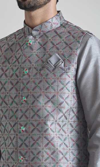 Arihant Rai Sinha_Gray Brocade, Silk Embroidery Floral Jaal Bundi Kurta Set _at_Aza_Fashions