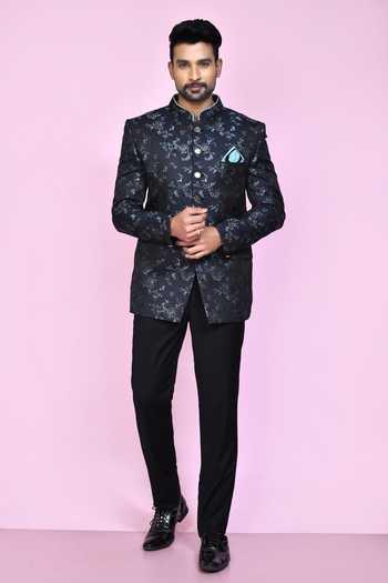 Arihant Rai Sinha_Black Jacquard, Silk, Faux Leather Embroidery Flower And Leaf Woven Bandhgala _at_Aza_Fashions