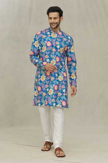 Buy_Arihant Rai Sinha_Blue Cotton, Polyester Embroidery Flower Print Kurta Set 