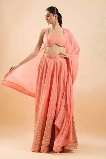 Buy Khwaab By Sanjana Lakhani Coral Chanderi, Chiffon Sequins, Gota Patti Round Lace Embroidered Lehenga Set Online at Aza Fashions Buy_Khwaab By Sanjana Lakhani_Coral Chanderi, Chiffon Sequins, Gota Patti Round Lace Embroidered Lehenga Set _Online_at_Aza_Fashions