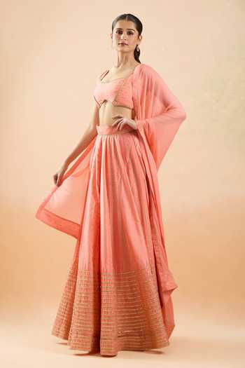 Shop Khwaab By Sanjana Lakhani Coral Chanderi, Chiffon Sequins, Gota Patti Round Lace Embroidered Lehenga Set Online at Aza Fashions Shop_Khwaab By Sanjana Lakhani_Coral Chanderi, Chiffon Sequins, Gota Patti Round Lace Embroidered Lehenga Set _Online_at_Aza_Fashions