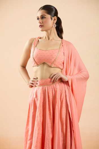 Khwaab By Sanjana Lakhani Coral Chanderi, Chiffon Sequins, Gota Patti Round Lace Embroidered Lehenga Set at Aza Fashions Khwaab By Sanjana Lakhani_Coral Chanderi, Chiffon Sequins, Gota Patti Round Lace Embroidered Lehenga Set _at_Aza_Fashions
