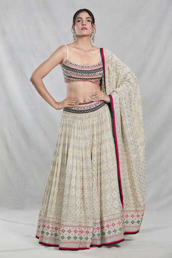 Samyukta Singhania Multi Color Silk, Brocade Bandhani Bloom Crest Woven Banarasi Lehenga Set Online at Aza Fashions Samyukta Singhania_Multi Color Silk, Brocade Bandhani Bloom Crest Woven Banarasi Lehenga Set _Online_at_Aza_Fashions