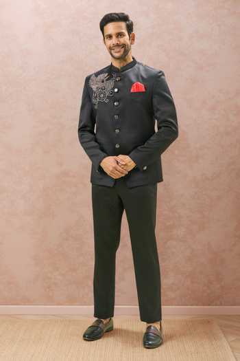 Shop_Arihant Rai Sinha_Black Cotton Cut Work, Embroidery Bird Bandhgala Set 