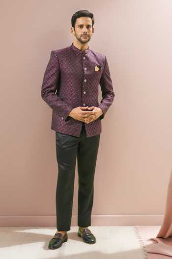 Shop Arihant Rai Sinha Maroon Jacquard, Cotton Sequins, Embroidery Floral Bandhgala And Pant Set Shop_Arihant Rai Sinha_Maroon Jacquard, Cotton Sequins, Embroidery Floral Bandhgala And Pant Set