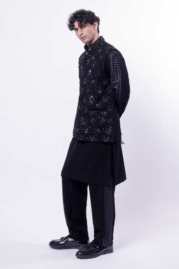 Siddhant Agrawal_Black Crepe, Polyester, Taffeta Orion Bloom Embroidered Nehru Jacket _Online_at_Aza_Fashions