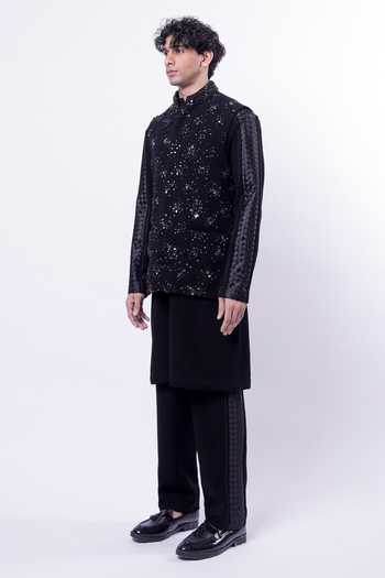 Buy_Siddhant Agrawal_Black Crepe, Polyester, Taffeta Orion Bloom Embroidered Nehru Jacket _Online_at_Aza_Fashions