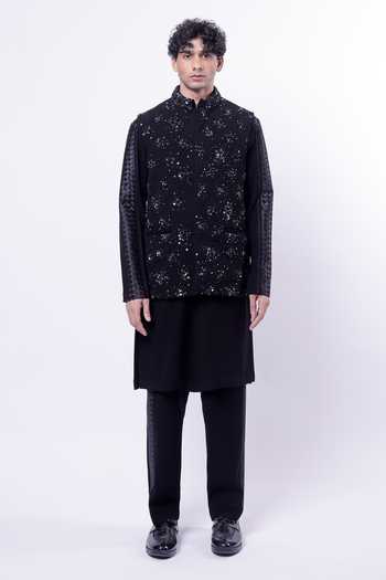 Shop_Siddhant Agrawal_Black Crepe, Polyester, Taffeta Orion Bloom Embroidered Nehru Jacket _Online_at_Aza_Fashions