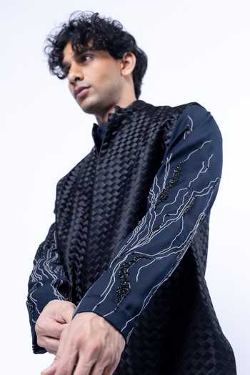 Siddhant Agrawal_Black Satin, Polyester, Taffeta Weftmire Dusk Woven Nehru Jacket _Online_at_Aza_Fashions